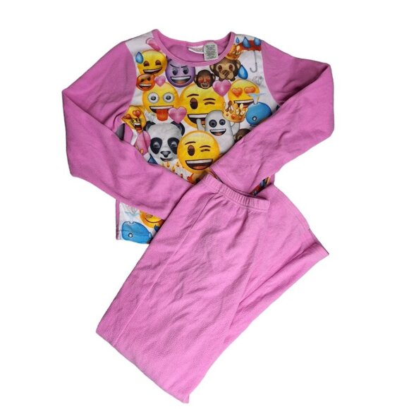 Emoji Pajama Smiley Face Monkey Pink Girls Size 14 16 Night Clothes Set Warm - Picture 1 of 5